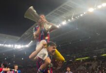 Jørgen Strand Larsen warms up for the World Cup by lifting the UEFA trophy